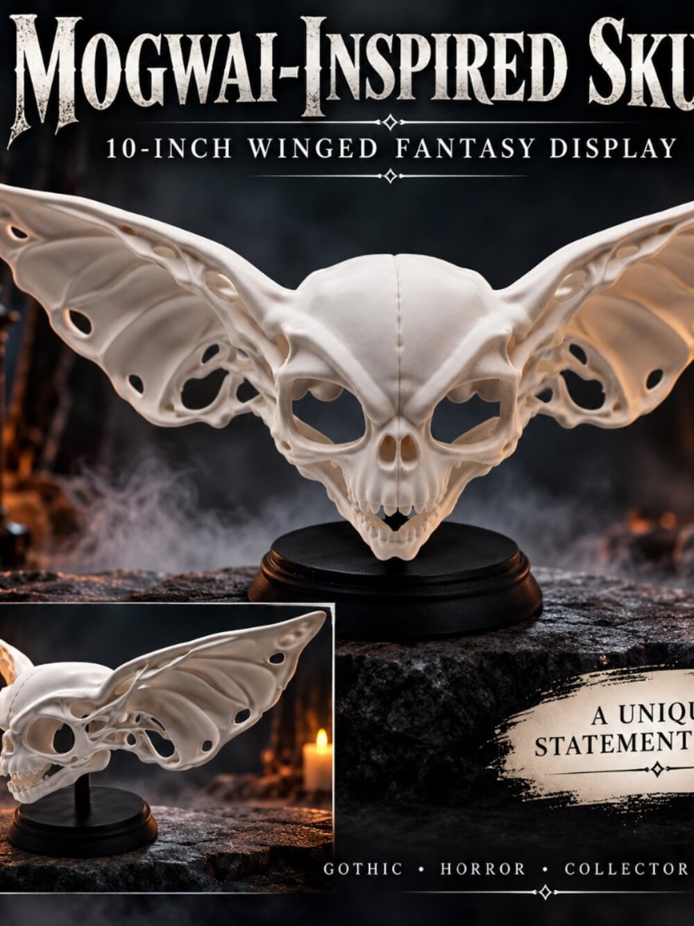 10" Wide Mogwai inspired Skull – Spooky Gothic Fantasy Decor